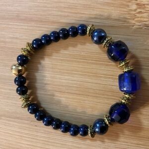 Handmade Stretch Bracelet Blue Gemstone Pearls Gold Metal Beads Stretch